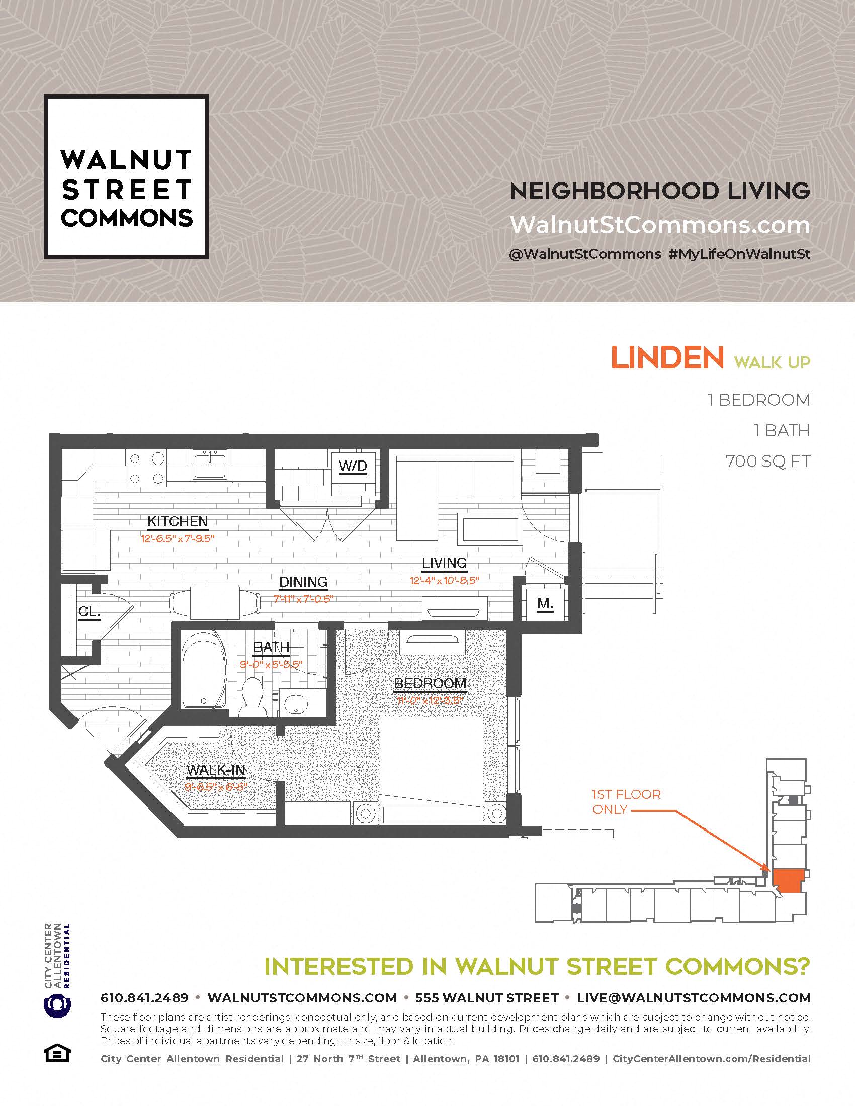 Floor plan for 1 bed, 1 bath, 700 sqft